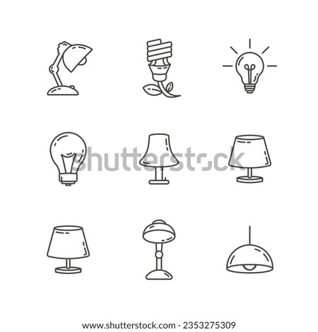 lamp line icon set with table lamp, bulb