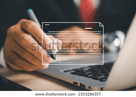 Professional businessman signs electronic documents on virtual screen using pen. Illustrates electronic signature concept, technology, and online document management for paperless offices.