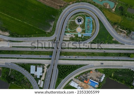 Aerial view of above city transport junction  road with car movement, Transport industry.