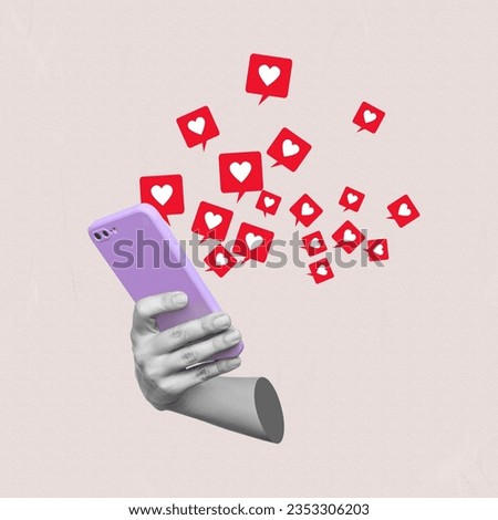 Female antique statue's hand holding purple mobile phone with like symbols from social media on beige color background. 3d trendy collage in magazine style. Contemporary art. Modern creative design