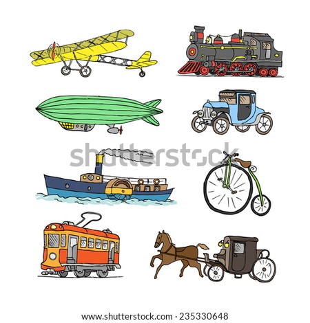 Retro transport. Old times. Airplane, locomotive, zeppelin, automobile, steamboat, bicycle, tram, diligence. Vector. Isolated on a white background. Doodle. Sketch.