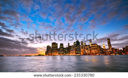 The Manhattan skyline at twilight.