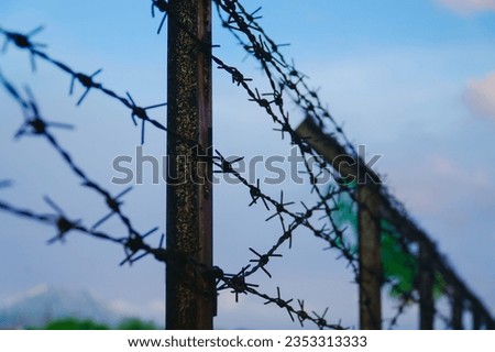 Tangle of barbed wire against the blue sky, In general, barbed wire is used as a security fence for buildings or national borders