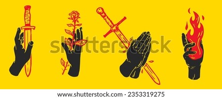 Collection vector art composition with silhouettes hands in flat cartoon retro style. Set fashion concept design for tattoo, branding. 