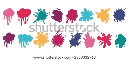 Paint splash. Color blot different forms, liquid splat, dirty splodge or splatter, spot patch, frame for text, blotch and abstract smudge, background isolated element. Vector flat cartoon set