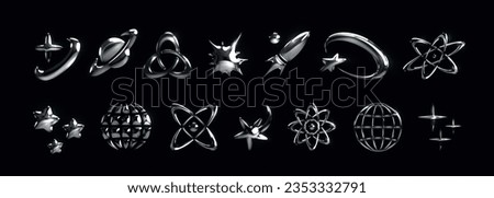 3D chrome elements. Y2K abstract silver space icons. Galaxy and cosmic technology. Cyber stars. Atom symbol. Universe planet and comets. Glossy spaceship. Vector vintage metal shapes set Royalty-Free Stock Photo #2353332791