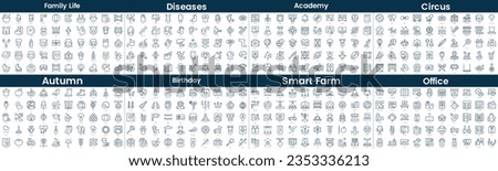 Linear Style Icons Pack. In this bundle include family life, diseases, academy, circus, autumn, birthday, smart farm, office
