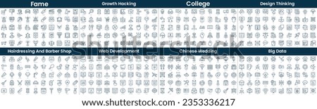 Linear Style Icons Pack. In this bundle include fame, growth hacking, college, design thinking, hairdressing and barber shop, web development, chinese wedding, big data