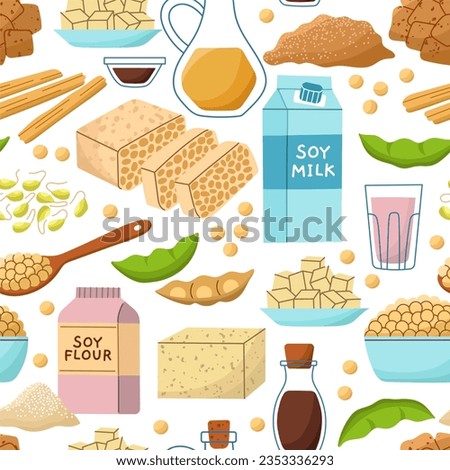 Various soy products. cartoon vegan protein food, soybean sprouts, raw ingredients, milk, tofu, flour and sauce, vector seamless pattern