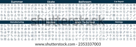 Linear Style Icons Pack. In this bundle include summer, skate, bathroom, car repair, manufacturing, hacker, back to school, geology
