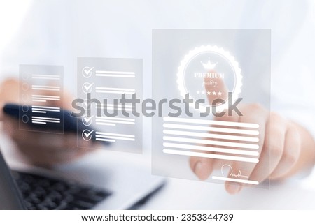 quality assurance concept Assessment of Quality Assurance Questionnaires Businessman touching electronic document quality assessment form for warranty Royalty-Free Stock Photo #2353344739
