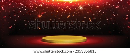 Golden podium with falling confetti, round gold shiny platform, stage for product presentation or winner victory celebration. Vector background with realistic 3d scene and red spotlight glowing light Royalty-Free Stock Photo #2353356815