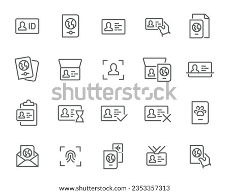 Passport and ID Icons Set. Comprehensive collection for identity verification and travel. ID cards, passports, biometrics, chip tech, document checks and more. Perfect for web design. Royalty-Free Stock Photo #2353357313
