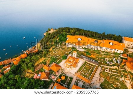 View of Samuel's Fortress and Plaosnik at Ohrid lake in North Macedonia