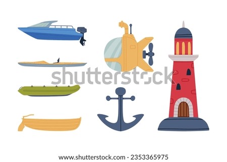 Motorboat, Submarine, Anchor and Lighthouse Vector Illustration Set