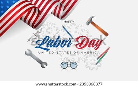 Holidays, design background with gear mechanism, different tools and accessories and national flag colors for celebration of Labor day in America; Vector illustration