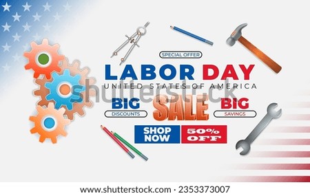Holidays, design background with gear mechanism, different tools and accessories and national flag colors for American, Labor day, sales, commercial event; Vector illustration
