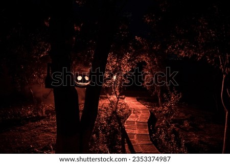 Pumpkin Burning In Forest at night. Scary Jack o Lantern smiling and glowing pumpkin with dark toned foggy background. Selective focus