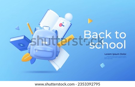 Back to school concept vector illustration. Student backpack and flying supplies 3D cartoon composition. Education and pupils learning items. Creative idea for website, mobile, presentation Royalty-Free Stock Photo #2353392795