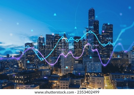 Illuminated aerial cityscape of Seattle, downtown at night time, Washington, USA. Forex graph hologram. The concept of internet trading, brokerage and fundamental analysis
