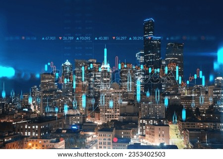 Illuminated aerial cityscape of Seattle, downtown at night time, Washington, USA. Forex graph hologram. The concept of internet trading, brokerage and fundamental analysis Royalty-Free Stock Photo #2353402503