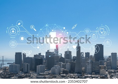 San Francisco skyline from Coit Tower to Financial District and residential neighborhoods, California, US. Health care digital medicine hologram. The concept of treatment and disease prevention