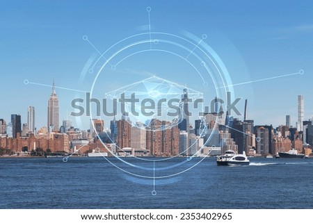 New York City skyline from Brooklyn, Williamsburg over the East River, Manhattan skyscrapers at day time, USA. Technologies and education concept. Academic research, top ranking university, hologram