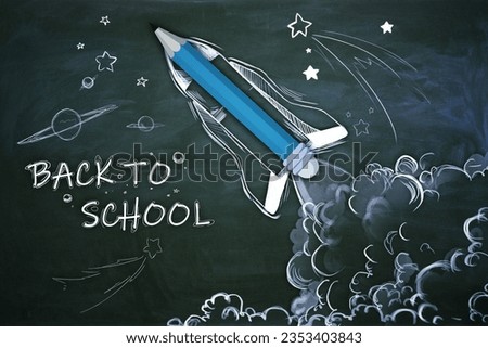 Creative back to school sketch with pencils and rocket on chalkboard wall background. Education and knowledge concept.