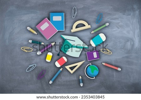 Creative colorful back to school sketch on chalkboard wall wallpaper. Education and knowledge concept