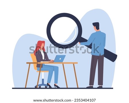 Strict supervisor observes an employees work. Woman working on laptop at workplace, manager hold magnifying glass, managers control cartoon flat isolated vector supervision concept Royalty-Free Stock Photo #2353404107