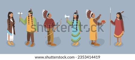 3D Isometric Flat Vector Set of Indigenous People, First Nation Characters in Traditional Clothing