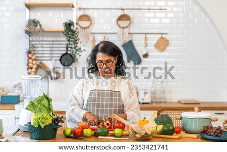 Portrait of happy asian senior mature woman smiling cooking vegan food healthy eat with fresh vegetable salad and fruit in kitchen, nutrition, care, wellness, insurance, elderly health care Royalty-Free Stock Photo #2353421741