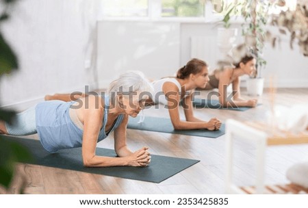 Elderly woman doing pilates exercises in group in fitness studio Royalty-Free Stock Photo #2353425835