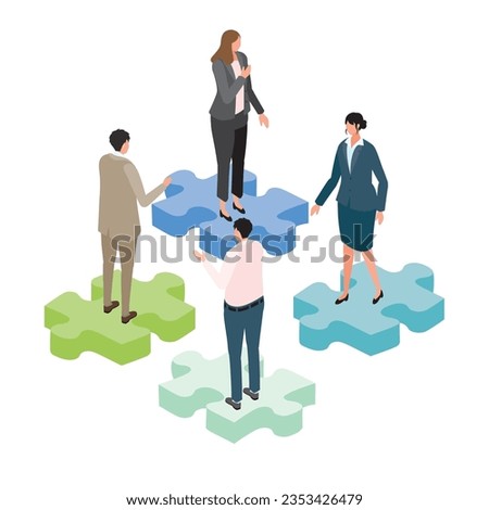 An isometric illustration of a disorganized business team with a puzzle motif. Royalty-Free Stock Photo #2353426479