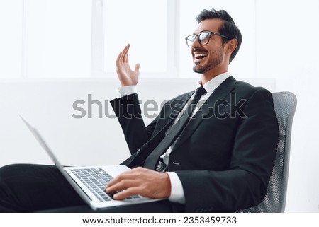 Man laptop background business technology happy office job adult chair winner businessman winning