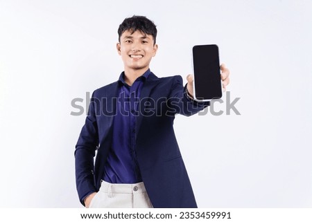 Photo of young Asian businessman on white background