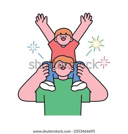 Festival. A father holds his child on his shoulders and enjoys a fireworks display.
