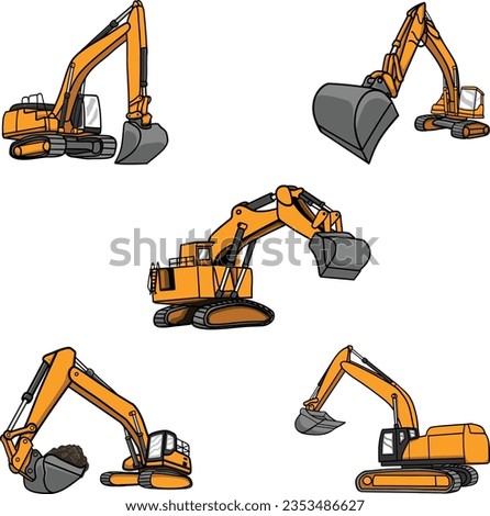 Excavator vector illustration collection. Excavator element heavy equipment work. Transportation vehicle for mining and construction .