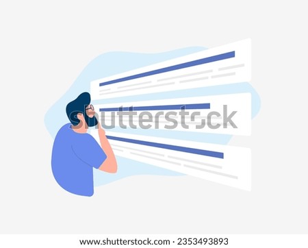Search Engine Results Page - SERPs concept. Man looks at search result, first positions of sites or contextual advertising for search query. Vector isolated illustration on white background with icons Royalty-Free Stock Photo #2353493893