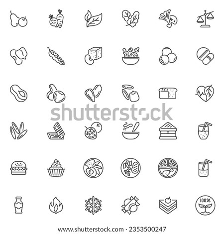 Vegetarian food menu line icons set. linear style symbols collection, outline signs pack. Healthy vegetarian food vector graphics. Set includes icons as Fruits, Vegetables, Legumes, Tofu, Avocado Royalty-Free Stock Photo #2353500247