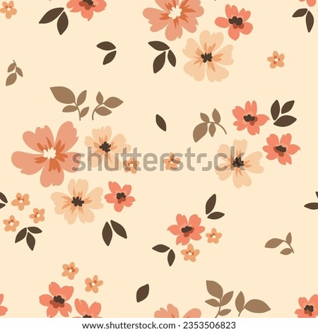 Seamless floral pattern, liberty ditsy print with gently tiny flowers. Cute botanical design, pretty ornament: hand drawn plants, simple small flowers, tiny leaves on a light pink background. Vector. Royalty-Free Stock Photo #2353506823