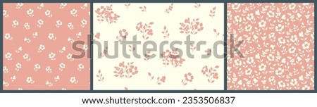 Seamless floral pattern, delicate ditsy print with small sketch plants in two colors: pink, white. Cute botanical background design made of hand drawn daisy flowers, tiny leaves. Vector illustration. Royalty-Free Stock Photo #2353506837