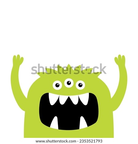 Monster face head. Hands up. Happy Halloween. Cute kawaii cartoon colorful scary character. Eyes, horns, fang teeth. Green monsters. Funny baby collection. Flat design. White background. Vector Royalty-Free Stock Photo #2353521793