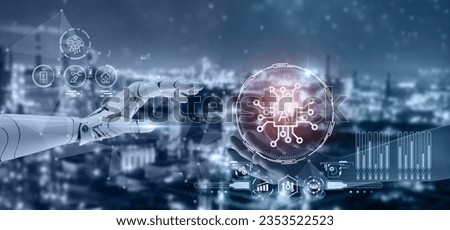 Artificial Intelligence (AI) in industry concept. AI technology adoption. Digital and technology transformation in business and industry. 3D rendering AI robot and human hand on digital background.