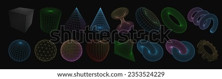 Collection of wireframe low poly 3d geometric shapes, Platonic solids. Surreal linear figures. Retro futuristic, cyberpunk, psychedelic style design elements set. Perspective view. Vector illustration Royalty-Free Stock Photo #2353524229