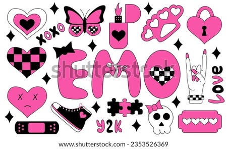 Set of emo elements. Y2k style. Hearts in chessboard, blade, Emo lettering, costet, rock sign, sneakers, butterfly, skull, lighter. Black and pink. Vector flat illustration. Royalty-Free Stock Photo #2353526369