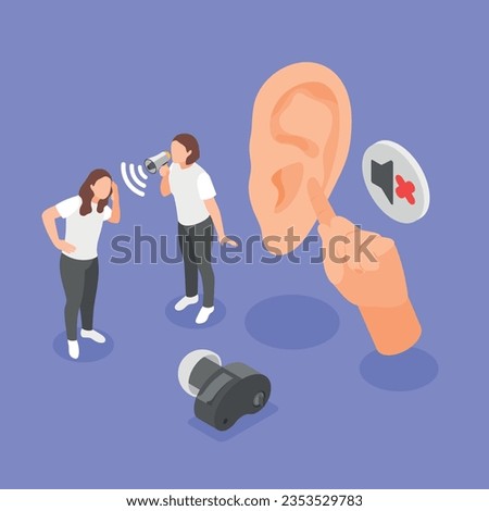 Deaf problems violet background with hearing aid and young girl screaming by megaphone to her girlfriend having problems with hearing isometric vector illustration Royalty-Free Stock Photo #2353529783