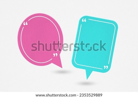 For conceptual image about communication and social media, customer feedback, Blank correspondence pink and blue  grunge paper speech bubbles with quote sign on rough  paper texture