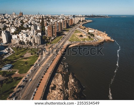 Aerial view of the waterfront and the sea of Montevideo in Uruguay Royalty-Free Stock Photo #2353534549