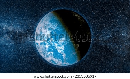 Planet Earth in the Starry Sky. Sphere of Earth planet in outer space. City lights on planet. Life of people. Solar system element. Elements of this image furnished by NASA